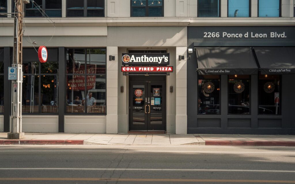 Exterior of Anthonys Coal Fired Pizza Coral Gables showing sign and entrance in bright daylight