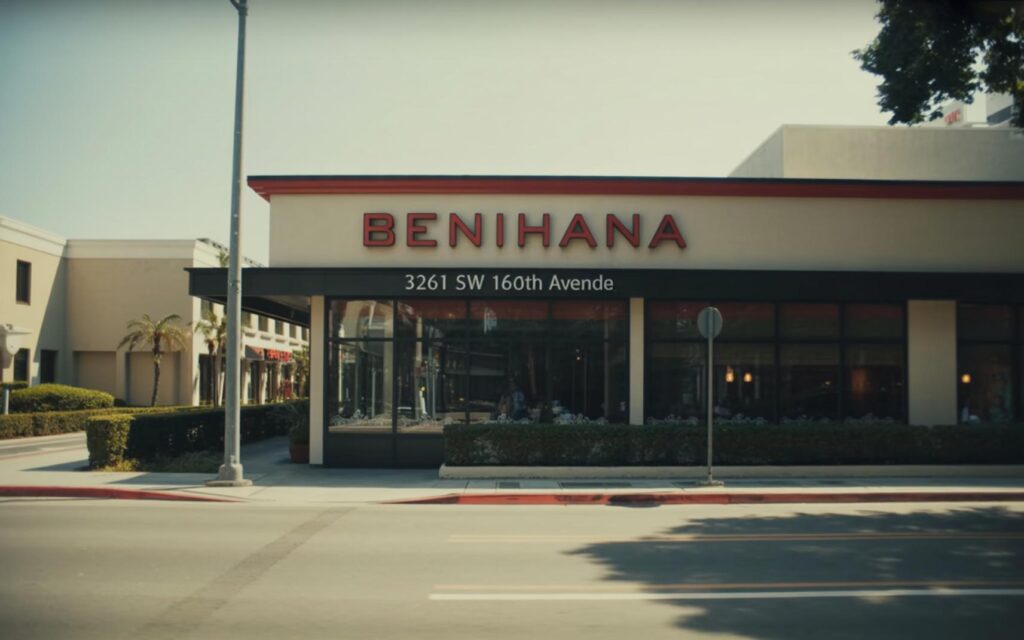 Ultra-realistic street-level photo of Benihana restaurant in Miramar Florida with distinct signage and modern design