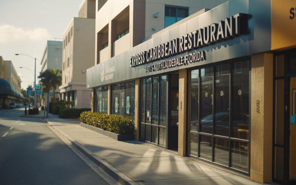 Exterior of Express Caribbean Restaurant in North Lauderdale modern facade with clear signage and landscaping in daylight