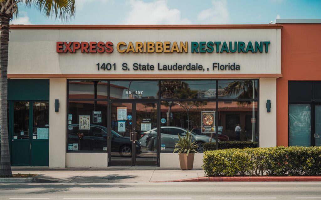 Ultra-realistic street view of Express Caribbean Restaurant entrance in North Lauderdale showing signage and palm reflections.
