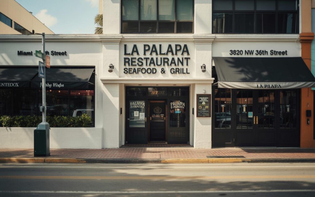 Ultra-realistic photo of La Palapa Restaurant Seafood Grill entrance and signage in Miami