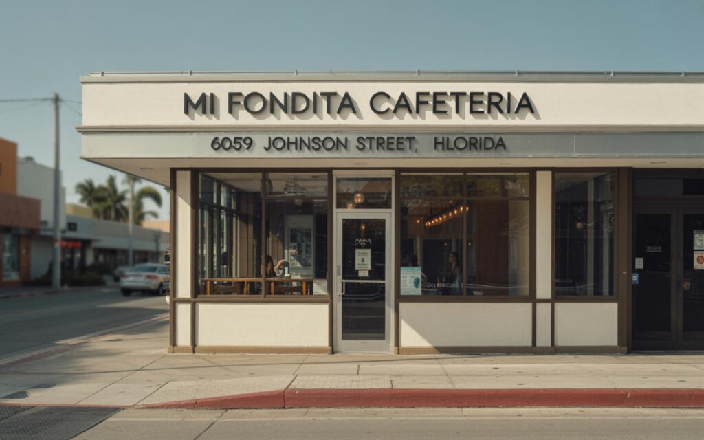 Exterior of Mi Fondita Cafeteria in Hollywood Florida with clear signage and glass storefront in daylight