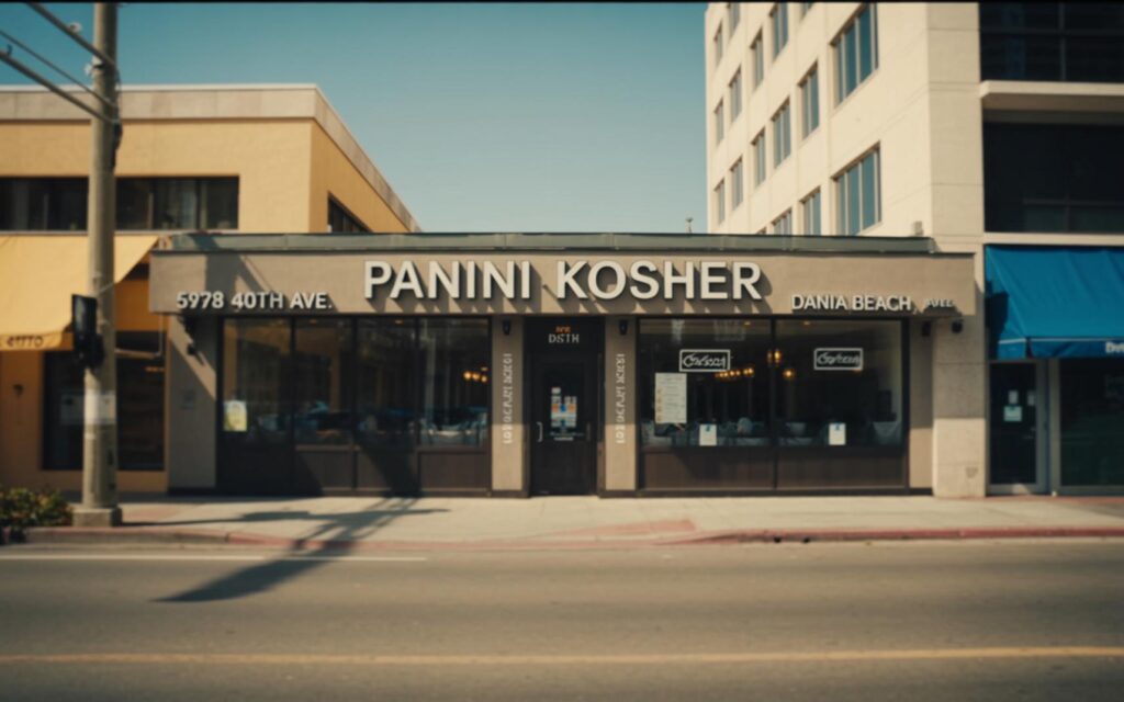 Exterior of Panini Kosher restaurant in Dania Beach Florida showing entrance and signage