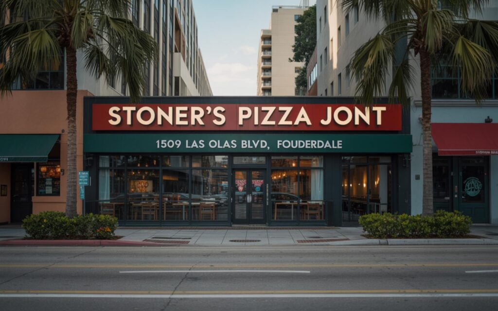 Front view of Stoners Pizza Joint in Fort Lauderdale with bold signage and palm trees on a sunny day