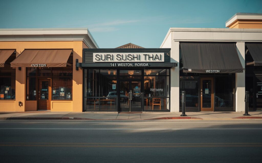 Suri Sushi Thai restaurant exterior with clear signage and sunlit storefront in Weston Florida