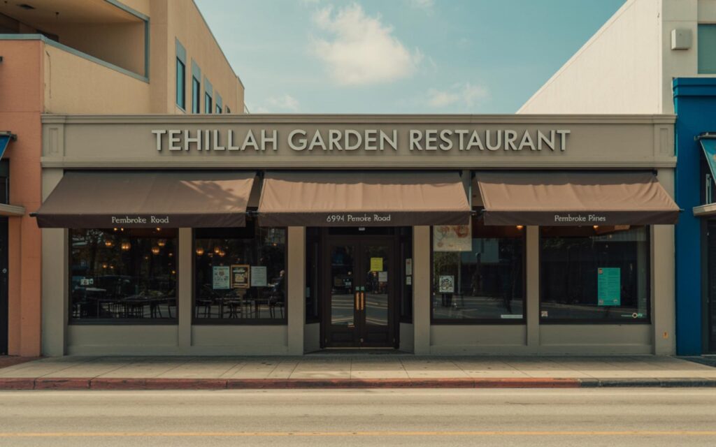 Ultra-realistic photo of Tehillah Garden Restaurant storefront with clear signage on a sunny day in Pembroke Pines Florida