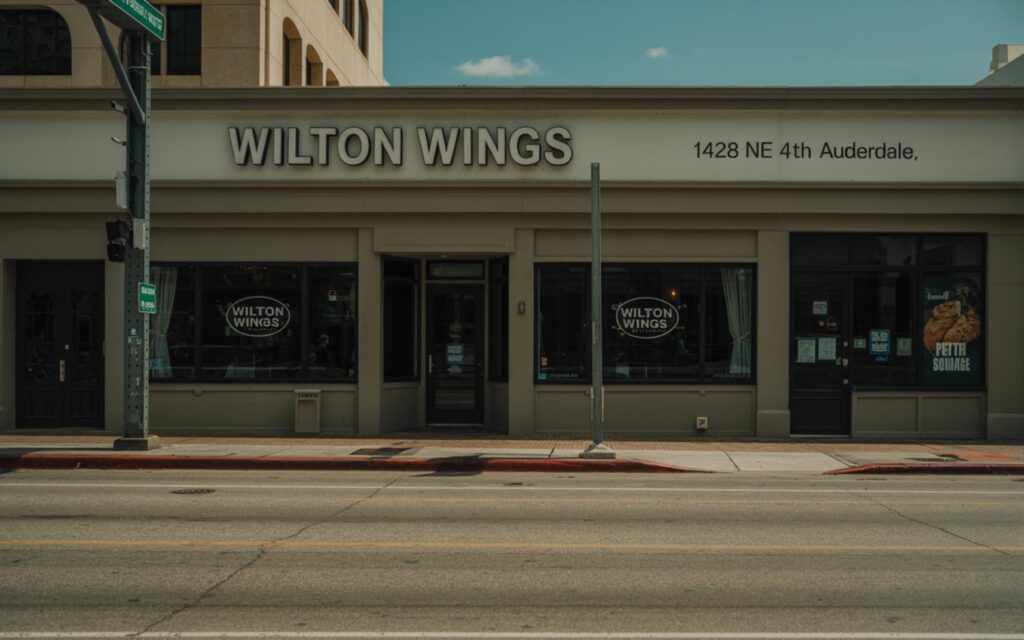 Ultra-realistic photo of Wilton Wings restaurant exterior with signage and clean storefront in Fort Lauderdale
